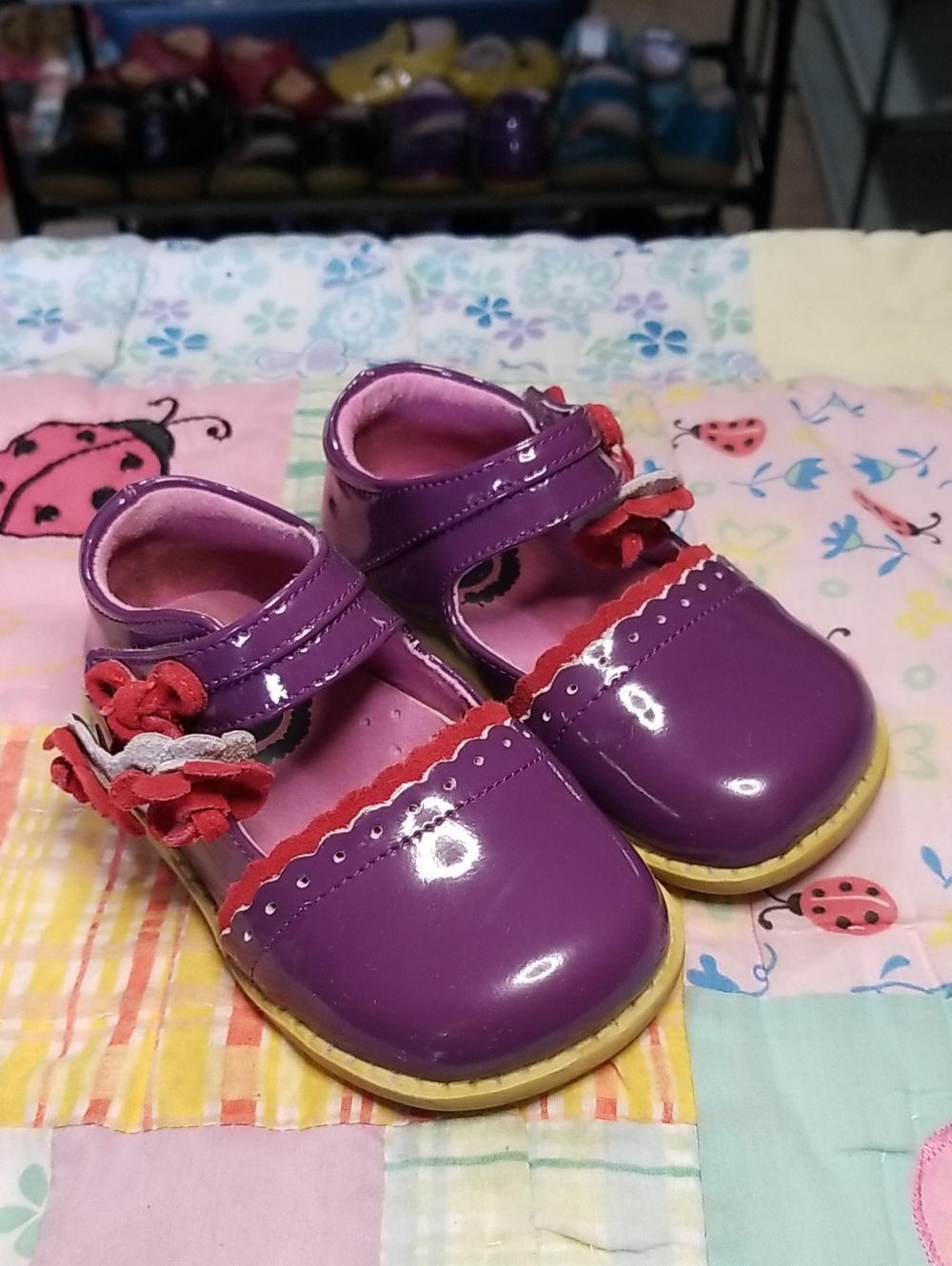 Livie & Luca Purple Patent Leather Mary Janes with Red Suede Flowers Size 6